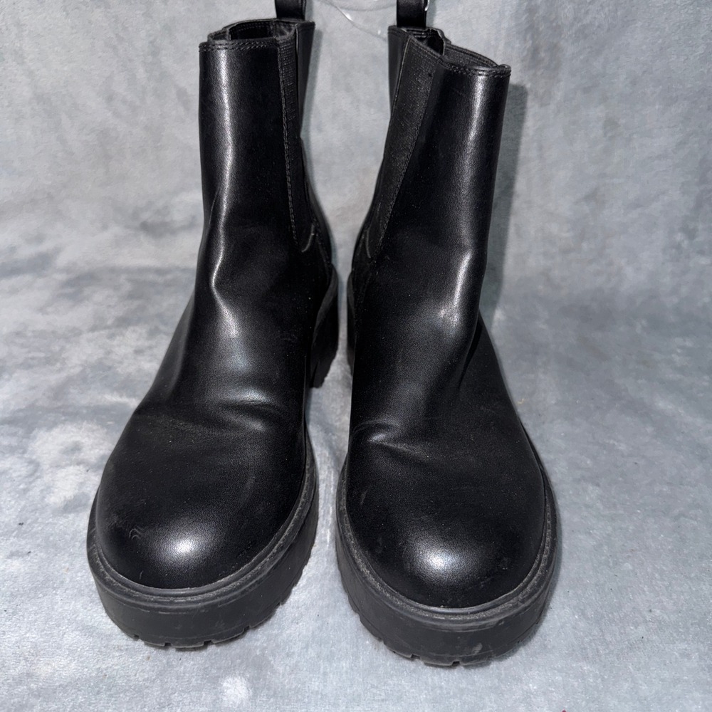 American Eagle Women Chelsea Platform Ankle Boots 9 Black Faux Leather Lug Sole
